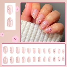 Spring Nude Press on Nails Short Almond Shaped Fake Nails Acrylic Flower False Nails Glossy Full Cover Glue on Nails Artificial Reusable Glue on Nails DIY Manicure for Women Girls 24Pcs