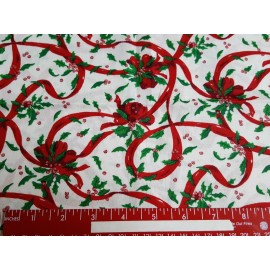 Fat Quarter -Christmas Ribbon with Holly Berries on White Fabric