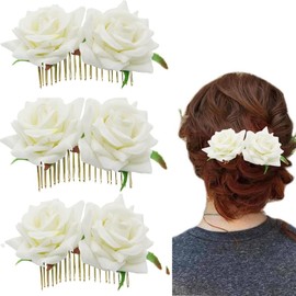 3 PCS Rose Hair Side Comb Flannelette Bride Hair,Wedding Hair Comb Rhinestone Flower Clip Headdress Crystal Bridal Hair Accessories (White, One Size)