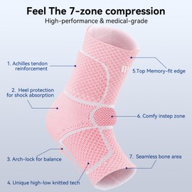 WHCOOL Flat Knitting Ankle Brace for Women&Men, 7-Zone Dynamic Compression Sleeve w/Flex Strap,Foot Support for Sports, Sprained Ankle, Achilles Tendonitis, Plantar Fasciitis Relief(Pack of1) M,Pink