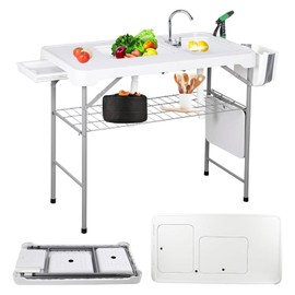 Yfybed Folding Fishing Cleaning Table, 4ft Portable Camping Sink Table with Faucet & 2 Sinks, w/Grid Rack, Drainage Hose, Sprayer, Garbage Bin, Drawer for Picnic Camping Kitchen Gardening, Style B