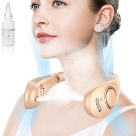 Misting Neck Fan Rechargeable,Battery Powered Folding Fan 5 Speeds,Portable Cooling Neck Fans that Blow Cold Air,Hands Free Fold Up No Blade Personal Fans for Your Neck Summer Best Gifts Apricot