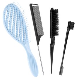 4 in 1 Hair Styling Set, Vented Detangling Brush, Slick Back Bristle Brush, Stainless Steel Rat Tail Parting Comb & Double Sided Edge Control Brush for Women, All Hair Types Wet & Dry