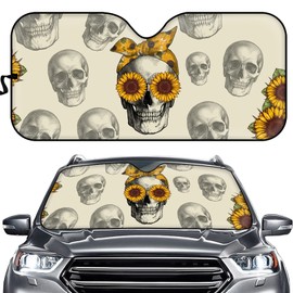 Biyejit Sunflower Skull Print Car Decorative Windshield Sun Shade Foldable Car Front Window Sunshades for Most Sedan SUV Truck