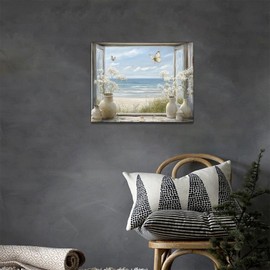 Farmhouse Bathroom Wall Art Country Ocean Coastal Wall Decor Sea View Flower Beach Nautical Rustic Pictures Canvas Print Painting Framed Artwork for Home Decoration Living Room Bedroom 16"x12"