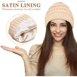 Roniky Winter Knit Beanie Hats for Women, Silk Satin Lined Chunky Cap Soft Stretch Cable Knit Warm Slouchy Beanie Hat Black