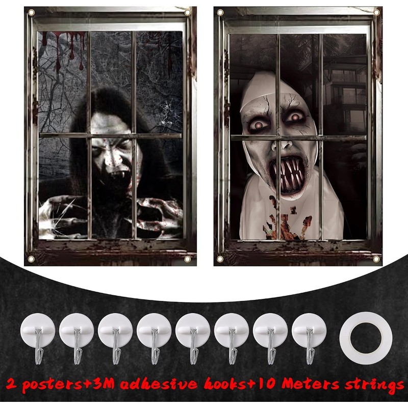 2 Pcs Scary Halloween Window Decorations-Creepy Female Ghost Window Curtain