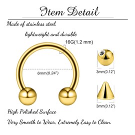 Besyvvin 16G Horseshoe Lip Nose Septum Eyebrow Ring Stainless Steel Gold Helix Tragus Cartilage Piercing 6mm Hoop