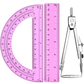 Zonon 3 Pcs Geometric Math Set, Drawing Compass, 6 Inch Protractor and Plastic Clear Ruler Transparent Drawing Supplies for School Classroom Home Office Use(Pink,6 Inch)