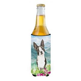 Caroline's Treasures CK2544MUK Mountain Flowers Boston Terrier Ultra Hugger for slim cans Can Cooler Sleeve Hugger Machine Washable Drink Sleeve Hugger Collapsible Insulator Beverage Insulated Holder