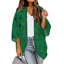 BB&KK Women Leaf Print Kimono Cover Ups Tops Tropical Sheer Chiffon Lightweight Summer Cardigans Beach Boho Green Small