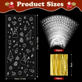 MELLIEX Pack of 100 Cellophane Bags Christmas, Clear Cookie Bags, Candy Bags with 100 Twist Ties