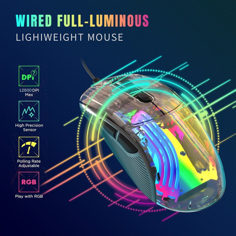 Wired Mouse Transparent Shell RGB Backlit Adjustable DPI Programmable Keys