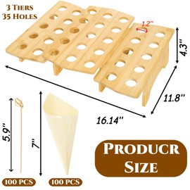 Acshio Wooden Ice Cream Cone Holder Stand, 35 Holes Food Cone Holder for Buffet with 100 Wooden Cones 100 Bamboo Sticks, Disposable Cone Display Stand Snack Tray for Desserts, Charcuterie, Restaurant