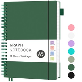 RETTACY A5 Notebook Grid Graph Paper, Spiral Notebook 160Pages/80 Sheets Journal for Women Men,Notepad with 100gsm Paper for Writing,PVC Pocket, Pen Loop, Ruler, Bookmark,14.5 x 20.7cm - Dark Green
