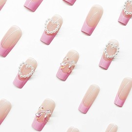 SWEKKE Pink Long Square Press-On Nails - French Tips Bow Design, Full Cover Glossy Acrylic Fake Nails for Women and Girls - Manicure Decoration