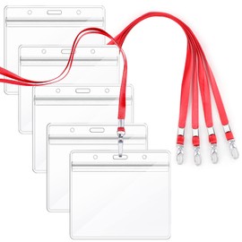 Segarty Name Holder, Name Tags, 5 Cards, Horizontal Type, Red, Hanging Name Tags, Employee ID, Transparent Color Name Tag Case, Card Holder, Neck Hanging, Double-Sided, Neck Strap, Cards, School