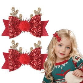 Red Bow Sequin & Gold Antler Hair Clips - Cute Christmas Accessories for Women - 2Pcs