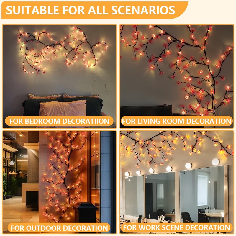 FNHMSL Cherry Enchanted Willow Vine Lights, 7.55FT 144LED 2PCS Pink