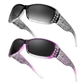 TJUTR 2Pack Polarised Sunglasses Womens with UV400 Protection Wraparound Shades with Rhinestone Design for Driving, Hiking & Travel