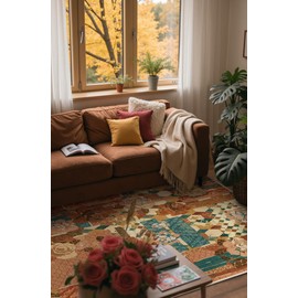 GENIMO 5X7 Floral Area Rugs for Living Room, Machine Washable Non Slip Vintage Patchwork Washable Rug, Ultra-Thin Low Pile Chenille Rugs for Bedroom, Dining Room, Rose Red