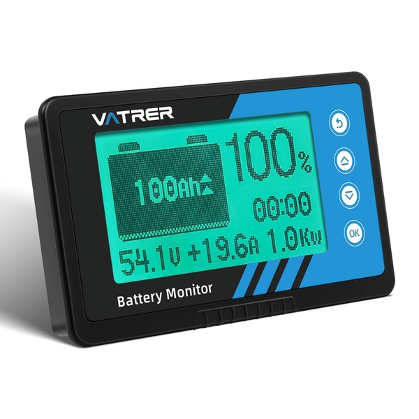 VATRER POWER バッテリーモニター 電圧計&電流計 500Aシャント付き 8V-120V リン酸鉄リチウムイオンバッテリーモニター 低電力警報 キャンピングカー・バイク・ゴルフカート・ソーラーパネル用 LCDスクリーン