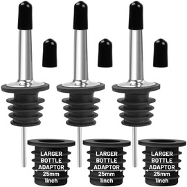 USEAMIE 3 Pack Stainless Steel Liquor Pour Spouts, Classic Bottle Pourers with 6 Caps, 3 Adapters for Large Neck Bottles, Also for Olive Oil, Juices and Syrups
