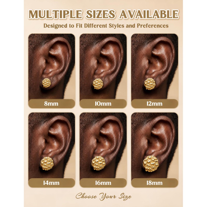 MUSECLOUD 14K Gold Plated Nugget Earrings for Men, M, Round,