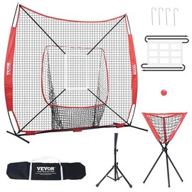 VEVOR 7x7 ft Baseball Softball Practice Net, Portable Baseball Training Net for Hitting Batting Catching Pitching, Backstop Baseball Equipment with Bow Frame, Carry Bag, Strike Zone, Ball, Batting Tee:_Batting Tee + Ball Collector + Red Ball