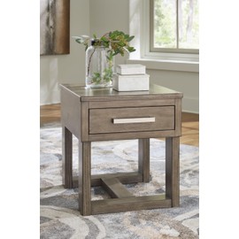 Signature Design by Ashley Loyaska Casual 1-Drawer End Table with USB Ports and Trestle Base, Gray and Light Brown