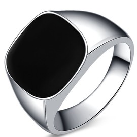 JUDE Stainless SStainless Steel Black Enamel Classical Plain Signet Ring (Silver Black, Z+7)