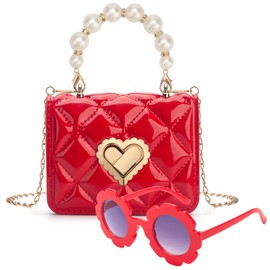 RSXING Children's Shoulder Bag Girls Handbag - Adjustable Strap Beads Handbag - Princess Mini Bag Children's Shoulder Bag Gifts for 3 4 5 6 Year Old Girls, red