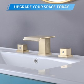 TapLong Solid Brass Bathroom Sink Faucets 3 Hole Widespread, 2 Handles Bathroom Faucet with Flexible Hot and Cold Water Hoses, Waterfall Bathroom Sink Faucet,Brushed Gold-02757BG
