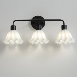 vivihobb 3 Light Black Bathroom Light Fixture,Modern Black Vanity Lighting Over Mirror,Cute Milk White Glass Flower Lampshade,E26 Socket(Bulbs Not Included)