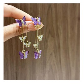 Purple Butterfly Tassel Style Zircon Earrings for Women Crystal Rhinestone Drop Earrings Long Butterfly Dangle Earrings Wedding Jewelry for Women