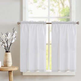 Vangao Waffle Net Curtains, Bistro Curtain, Privacy Kitchen Curtain, Light Filtering, Window Curtain for Cafe, Short Window, Small Window, Country House, 90 x 90 cm (W x H), Set of 2, White