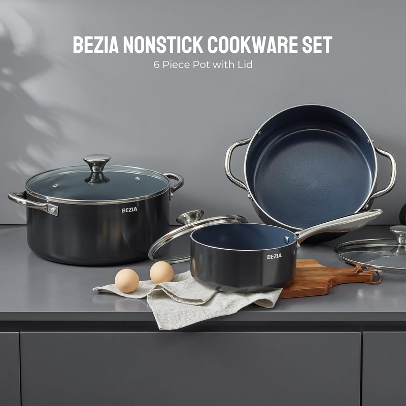Induction Cookware Set 6-Piece, Stackable Kitchen Cooking Pots Set, 6qt
