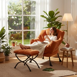 LITA Lazy Chair with Ottoman, Modern Lounge Accent Chair with Armrests and a Side Pocket, Leisure Upholstered Sofa Chairs Set, Reading Chairs with Footrest for Small Space,Orange