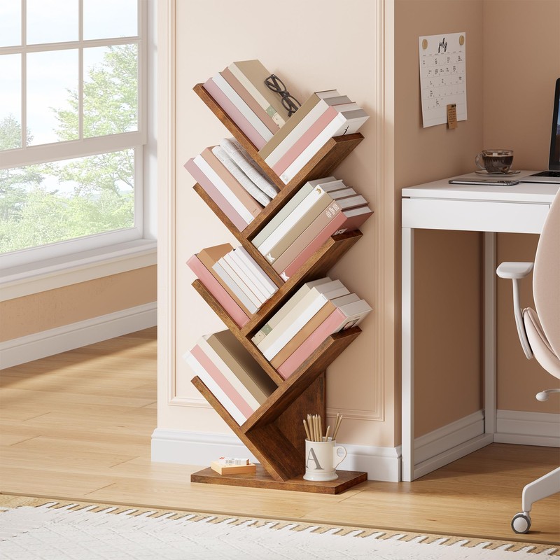 Hoctieon 7 Tier Tree Bookshelf, 7 Shelf Bookcase, Free Standing