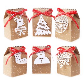 VEYLIN 24 Pack Christmas Kraft Gift Boxes for Xmas Party Decoration with 24 White Tags and Ribbon Ties (Assorted 6 Styles)