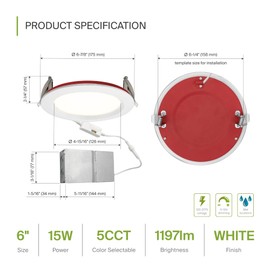 ASD Fire Rated Recessed Light 6 Inch, 15W 120-277V, Mini Panel Baffle Trim, 5 CCT 2700K/3000K/3500K/4000K/5000K, Dimmable Canless Commercial LED Downlight, Wet and IC Rated, Air Tight, ETL, 6 Pack