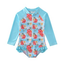 Sweegentle Traje de baño para niñas con protección UV UPF 50+ con cremallera de 4 a 12 años, Azul / Patchwork, 7-8 Años