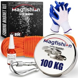 Magfishion MAGFISHION Magnet Fishing Kit - 100 KG (220lb) - ?50mm - Super Strong Neodymium Magnet with Rope (20M), Carabiner, Gloves, Threadlocker - Magnetic Fishing Magnets