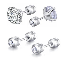2 Pairs Stud Earrings Set, Hypoallergenic Cubic Zirconia 316L Stainless Steel CZ Screw Back Double Sided Earrings for Men, Women, Boys & Girls, Stainless Steel