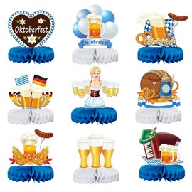 9Pcs Oktoberfest Party Decorations Honeycomb Centerpiece Bavarian German Oktoberfest Festival Party Table Decorations Blue White Table Toppers Centrepiece Bavaria Accessories Supplies