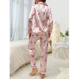 WDIRARA Women's 2 Piece Satin Sleepwear Flamingo Animal Print Button Down Shirt and Pants Pajama Set Pink L