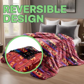 Sacred Thread Fleece Blanket 79"x95" South Western Blankets Reversible Mexican Blankets Vibrant Aztec Blankets Throws for Aztec Decor for Home Native American Throw Blanket Flannel Burgundy Queen