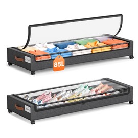 Yecaye Under Bed Storage with Wheels, 85L Large Capacity Under Bed Storage Containers with Metal Frame & Clear Lid, Rolling Underbed Organizer Bins Drawers for Clothes, Shoes, Blankets, Grey