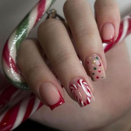 Christmas Nails Press on Nails Short French tip Fake Nails with Red Christmas Candy Canes Polka Dot Designs Full Cover Acrylic Square Cute False Nails Xmas Winter Stick on Nails for Women 24Pcs