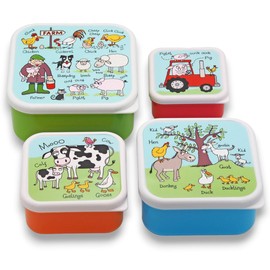 Tyrrell Katz Kids Snack Boxes with Farm Print - Children's 4 Piece Set - Freezer Safe Square Food Storage Containers